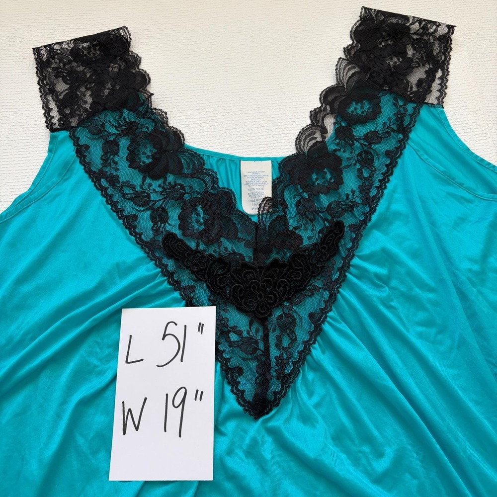 Vintage Nightgown Lace Trim Sleeveless Maxi Teal Blue Large - Picture 4 of 9